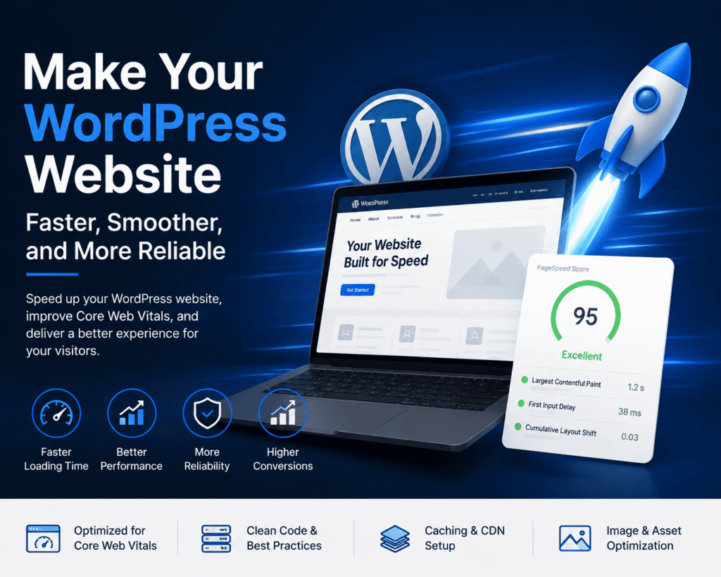 WordPress website speed optimization showing improved performance, Core Web Vitals, and faster loading experience